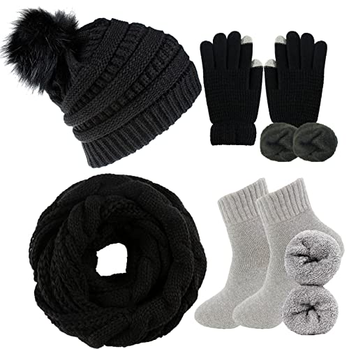 CheChury Damen Kombi Set Schal Mütze Set Loop Schal Gestrickt Beanie Strickmütze Fleece Bommelmütze Pompon Touchscreen-Handschuhe Strick mit Kreis Geschenkset für Frauen,Schwarz-2 von CheChury