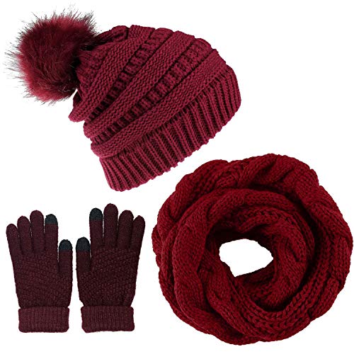 CheChury Damen Kombi Set Schal Mütze Set Loop Schal Gestrickt Beanie Strickmütze Fleece Bommelmütze Pompon Touchscreen-Handschuhe Strick mit Kreis Geschenkset für Frauen,Weinrot von CheChury