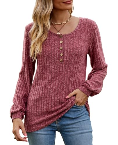 CheChury Damen Langarm Shirts Rundhals Damen Tunika Oberteile Leichte Strickpullover Lässig Sweatshirt Warm Damen Pullover Herbst Langarm Tops Rippstrick Strickpullover Slim Fit Winter von CheChury