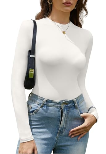 CheChury Damen Langarmshirt Basic T-Shirt Langarm Stretch Damen Thermo Langarmshirt Rundhals Sweatshirt Slim Fit Thermounterwäsche Oberteile Elegant Unterziehshirt Einfarbig Pullover Dünn Tops,Weiß,XL von CheChury