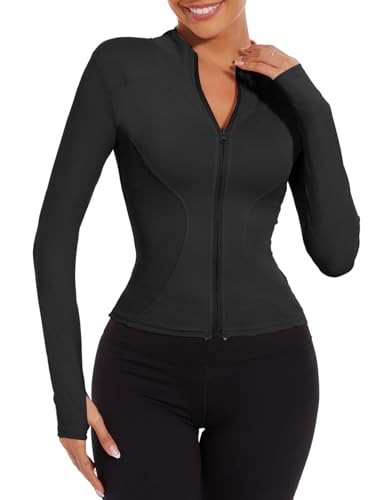 CheChury Damen Laufjacke Sportjacke Langarm T-Shirt Damen Gym Top Sport Oberteil Yoga Jacke Enge Sportoberteile Langarm Crop Top Sportshirt Leicht Fitness Shirt mit Reißverschluss,Schwarz,XXL von CheChury