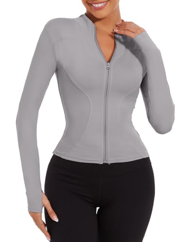 CheChury Damen Laufjacke Sportjacke Langarm T-Shirt Damen Gym Top Sport Oberteil Yoga Jacke Enge Sportoberteile Langarm Crop Top Sportshirt Leicht Fitness Shirt mit Reißverschluss Daumenloch,Grau,L von CheChury