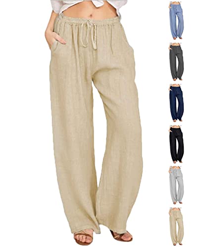 CheChury Damen Leinenhose Weite Sommerhosen Leicht mit Elastischem Bund Casual Loose Fit Trousers Freizeithose mit Taschen Frauen Hosen Hippie Boho Haremshosen von CheChury