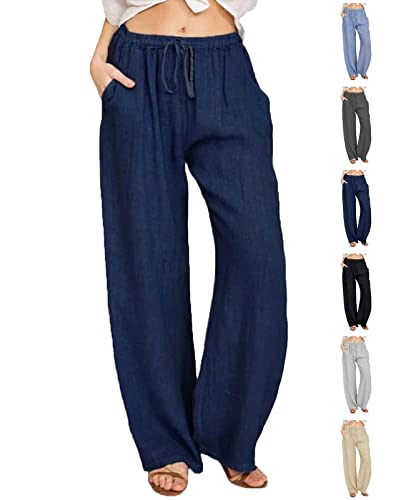 CheChury Damen Leinenhose Weite Sommerhosen Leicht mit Elastischem Bund Casual Loose Fit Trousers Freizeithose mit Taschen Frauen Hosen Hippie Boho Haremshosen von CheChury