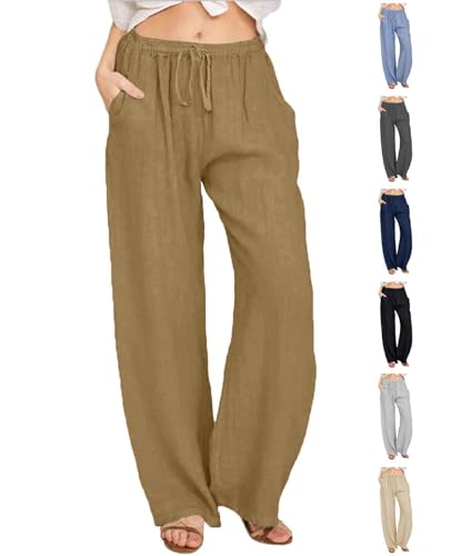 CheChury Damen Leinenhose Weite Sommerhosen Leicht mit Elastischem Bund Casual Loose Fit Trousers Freizeithose mit Taschen Frauen Hosen Hippie Boho Haremshosen von CheChury