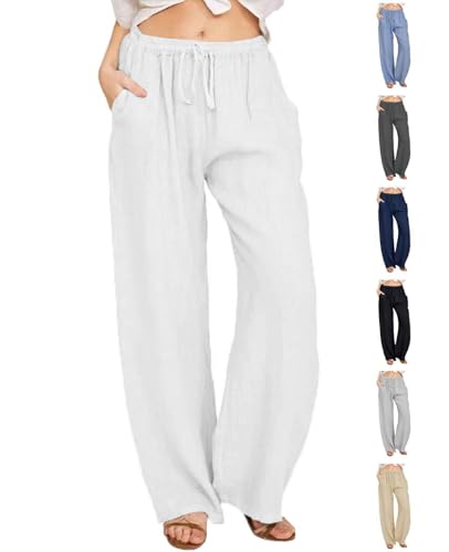 CheChury Damen Leinenhose Weite Sommerhosen Leicht mit Elastischem Bund Casual Loose Fit Trousers Freizeithose mit Taschen Frauen Hosen Hippie Boho Haremshosen von CheChury