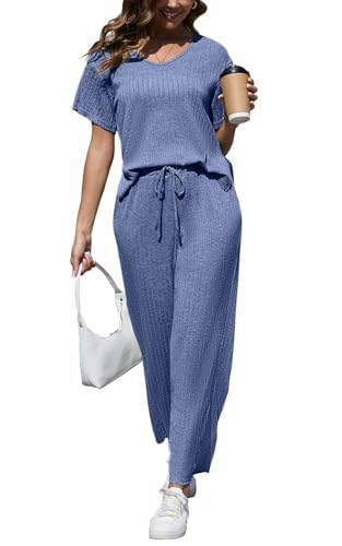 CheChury Damen Loungewear Set Summer Zweiteiler V-Ausschnitt Schlafanzug Rippen Kurzarm Pyjama Streatwear Hausanzug Sets Freizeithose Outfit, Blau, XXL von CheChury