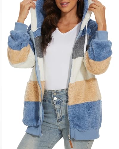 CheChury Damen Mantel Kapuzenjacke Winterjacke Mode Damen Teddy Fleece Kapuzensweatshirt Warm Kapuzenpullover Hoodie Pullover Flauschig Jacken mit Zipper Plüschjacke Fleecejacke Sweatshirt,Blau,S von CheChury