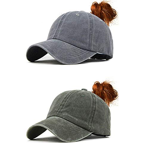 CheChury Damen Pferdeschwanz Kappe 2er Set Cap Mesh Baseball Kappe Ponytail Baseballmütze Outdoor Basecap (Grau + Grün) von CheChury