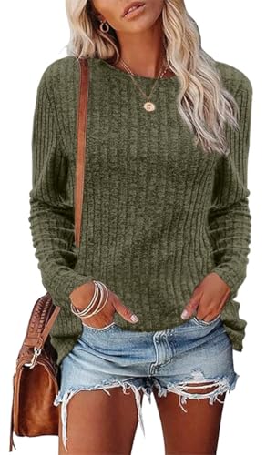 CheChury Damen Pullover Casual Sweater Weich Rippstrick Lässige Rundhalsausschnitt Strickpullover Langarmshirt Oberteile Tunika Tops Damen Pullover Casual Langarmshirt Strickpullover Herbst Winter von CheChury