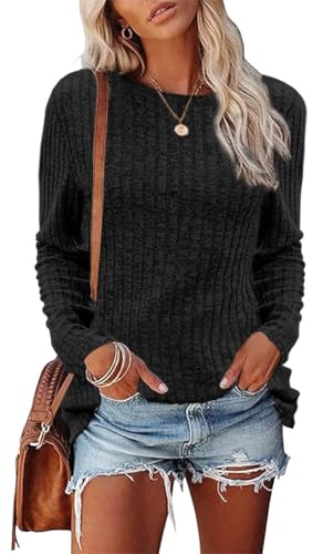 CheChury Damen Pullover Casual Sweater Weich Rippstrick Lässige Rundhalsausschnitt Strickpullover Langarmshirt Oberteile Tunika Tops Damen Pullover Casual Langarmshirt Strickpullover Herbst Winter von CheChury