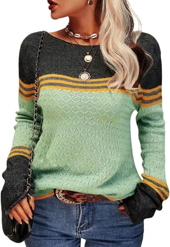 CheChury Damen Pullover Colorblock Langarm Rundhals Strickpullover Gestreift Slim Fit Strickwaren Elegant Oberteil Tops Lose Grobstrick Casual Pullover Warm Weich Jumper Sweater Herbst Winter von CheChury
