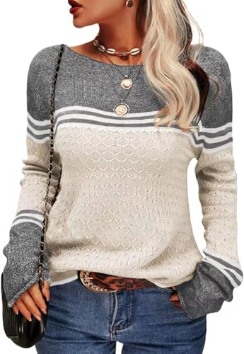 CheChury Damen Pullover Colorblock Langarm Rundhals Strickpullover Gestreift Slim Fit Strickwaren Elegant Oberteil Tops Lose Grobstrick Casual Pullover Warm Weich Jumper Sweater Herbst Winter von CheChury