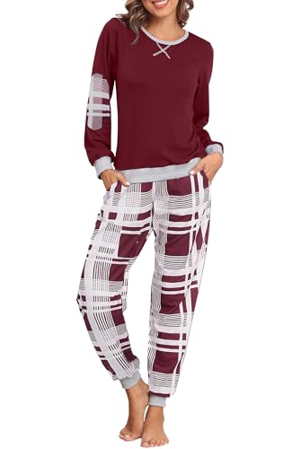 CheChury Damen Schlafanzug Lang Zweiteiliger Schlafanzug Winter Pyjama Set Rundhals Langarm Pyjama Set Nachtwäsche Pyjamas Set Zweiteiliger Nachtwäsche Hausanzug Sleepwear von CheChury