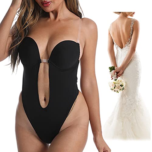 CheChury Damen Shaper BH Rückenfreie Body Shaper BH Tiefen Rückenausschnitt Unsichtbare BHs Push up Rückenfreier Body Shaper BH Abendkleid Bra Transparenten Trägern BH Bodys Thong Bodysuit,Schwarz,XL von CheChury