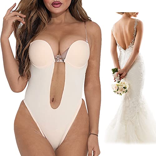 CheChury Damen Shaper BH Rückenfreie Body Shaper BH Tiefen Rückenausschnitt Unsichtbare BHs Push up Rückenfreier Body Shaper BH Abendkleid Bra mit Transparenten Trägern BH Bodys Thong Bodysuit,Beige,L von CheChury