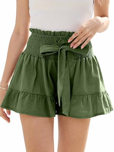 CheChury Damen Shorts Elastische Sommer Hohe Taille Kurze Hosen Rüschen mit Schleife Causal High Waist Kurze Hosen Causal Bequeme Strandshorts Beinhose für Damen Frauen mit Taschen und Tunnelzug von CheChury