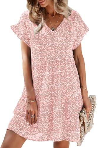 CheChury Damen Sommerkleid Kurzarm Kleid V-Ausschnitt Kleider Blumenmuster Wickelkleid Knielang Kleid Sommer Boho Blumen kleider MiniKleid Lose Freizeitkleid Knielang Strandkleider Kurz Kleid,Rosa,XXL von CheChury