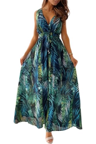 CheChury Damen Sommerkleid Lang Maxikleid Sommer V Ausschnitt Kleid Floral Maxikleider Elegant Freizeitkleider Ärmellos Strandkleid Lang Kleider Partykleid Freizeitkleider Boho Beach Maxi Dress,Grün,M von CheChury