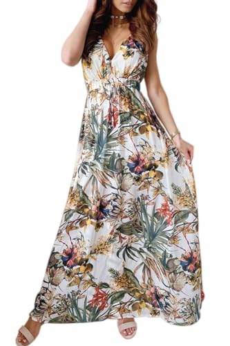 CheChury Damen Sommerkleid Lang Maxikleid Sommer V Ausschnitt Kleid Floral Maxikleider Elegant Freizeitkleider Ärmellos Strandkleid Lang Kleider Partykleid Freizeitkleider Boho Beach Maxi Dress,Weiß,L von CheChury