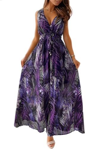 CheChury Damen Sommerkleid Lang Maxikleid Sommer V Ausschnitt Kleid Floral Maxikleider Elegant Freizeitkleider Ärmellos Strandkleid Lang Kleider Partykleid Freizeitkleider Boho Beach Maxi Dress,Lila,S von CheChury
