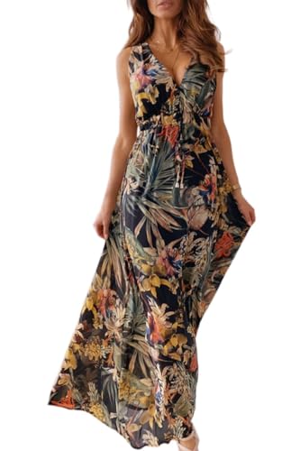 CheChury Damen Sommerkleid Lang Maxikleid Sommer V Ausschnitt Kleid Floral Maxikleider Elegant Freizeitkleider Ärmellos Strandkleid Lang Kleider Partykleid Freizeitkleider Boho Maxi Dress,Schwarz,XXL von CheChury