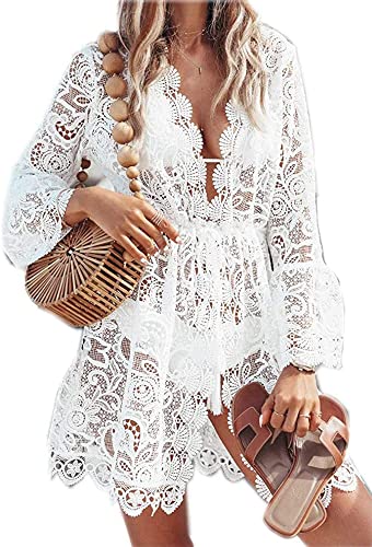 CheChury Damen Spitze Strandkleid V-Ausschnitt Badeanzug Bedecken Pareos Cardigan Strandkleid Boho Transparent Strandponcho Beachwear Sommer Sexy Cutout Kleid für Urlaub Strand von CheChury