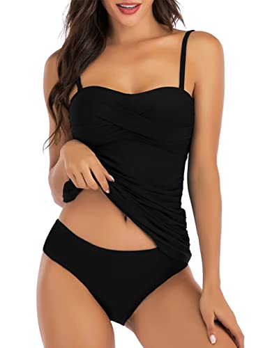 CheChury Damen Tankini Set Bauchweg Badeanzug Push up Bademode Drucken Tankini Set mit Hot Pants Badekleid Gepolstert Sportlich Bikini Sets Triangel Tankinis mit Badeshorts Strandbikini,Schwarz,XL von CheChury