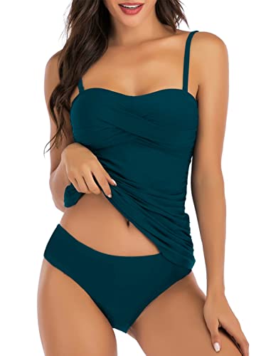 CheChury Damen Tankini Set Bauchweg Badeanzug Push up Bademode Drucken Tankini Set mit Hot Pants Badekleid Gepolstert Sportlich Bikini Sets Triangel Tankinis mit Badeshorts Strandbikini 2PCS,Blau,L von CheChury