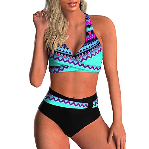 CheChury Damen Tankini Zweiteiler Push Up Bikini Retro High Waist Bademode Strandkleidung Cross Back Badeanzüge Große Brüste Zweiteilige Badeanzüge Tankini Hose Böhmen Bauchweg Bikini von CheChury