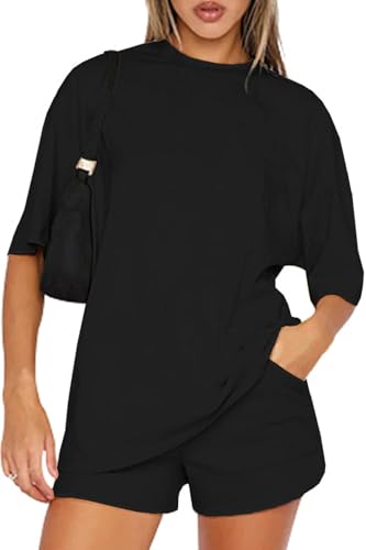 CheChury Damen Tracksuit Kurzarm Rundhalsausschnitt Einfarbig Zweiteiler Hausanzug Loungewear Outfit Oversize Streatwear Trainingsanzug Set Sweatshirt Kurzarm und Jogginghose Freizeitanzug,Schwarz,XXL von CheChury