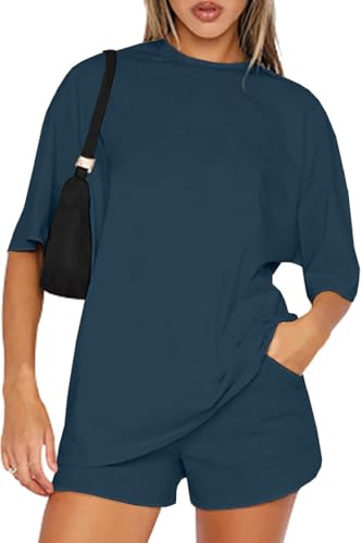 CheChury Damen Tracksuit Kurzarm Rundhalsausschnitt Einfarbig Zweiteiler Hausanzug Loungewear Outfit Oversize Streatwear Trainingsanzug Set Sweatshirt Kurzarm und Jogginghose Freizeitanzug,Blau,XXL von CheChury