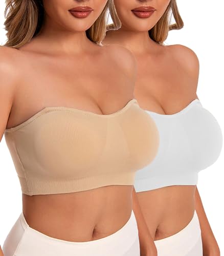 CheChury Damen Trägerloser BH Große Größen BH Ohne Bügel Gepolsterter Bralette BH Nahtloser Minimizer BH Trägerloser Bügelloser BH Soft Schlaf BH Push Up BH mit Abnehmbaren Trägern,Beige+Weiß,L von CheChury