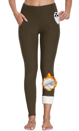 CheChury Damen Warme Hosen Super Dicke Leggings Elastische Hosen High Waist Thermoleggins Fleece Hose Winter Wärme Jogginghose Damen Thermo Hosen mit Taschen Freizeithose Frauen Sweatpant,Braun,XXL von CheChury