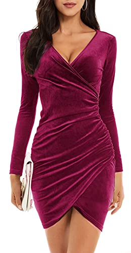 CheChury Damen Winterkleid Festlich Kleid Samtkleid Lange Ärmel Wickelkleid Bodycon Kurzes V Ausschnitt Abendkleid Elegant Ballkleid Eng Cocktailkleid Partykleid Kleider Weihnachtskleid,Lila,L von CheChury