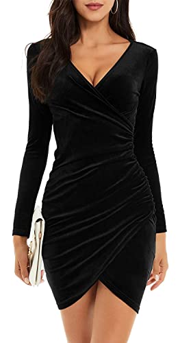 CheChury Damen Winterkleid Festlich Kleid Samtkleid Lange Ärmel Wickelkleid Bodycon Kurzes V Ausschnitt Abendkleid Elegant Ballkleid Eng Cocktailkleid Partykleid Kleider Weihnachtskleid,Schwarz,L von CheChury