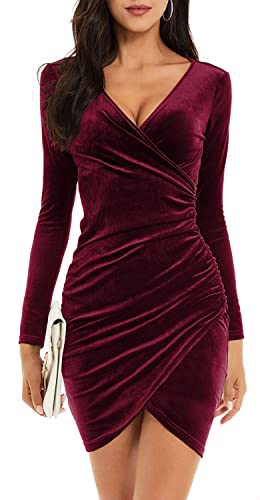 CheChury Damen Winterkleid Festlich Kleid Samtkleid Lange Ärmel Wickelkleid Bodycon Kurzes V Ausschnitt Abendkleid Elegant Ballkleid Eng Cocktailkleid Partykleid Kleider Weihnachtskleid,Weinrot,L von CheChury