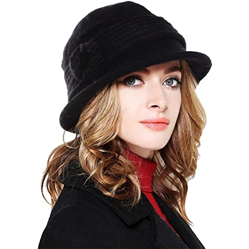 CheChury Damen Wollmütze Winter Mütze Warme Strickmütze Frauen Beaniemütze Retro Fedorahüte Frauen Glockehut Kaschmir Mütze Damen Bowler Hut Winter Strickmütze mit Schirm Damen Melone Hut,Schwarz von CheChury