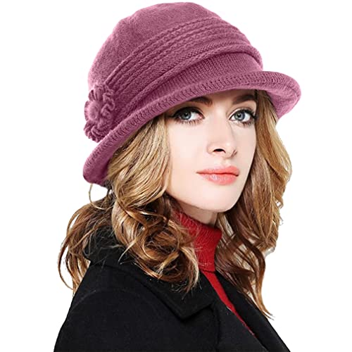 CheChury Damen Wollmütze Winter Mütze Warme Strickmütze Frauen Beaniemütze Retro Fedorahüte Frauen Glockehut Kaschmir Mütze Damen Bowler Hut Winter Strickmütze mit Schirm Damen Melone Hut,Rosarot von CheChury