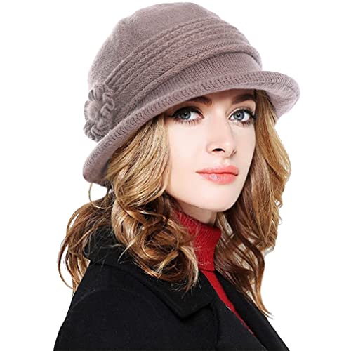 CheChury Damen Wollmütze Winter Mütze Warme Strickmütze Frauen Beaniemütze Retro Fedorahüte Frauen Glockehut Kaschmir Mütze Damen Bowler Hut Winter Strickmütze mit Schirm Damen Melone Hut,Khaki von CheChury