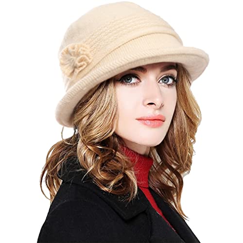 CheChury Damen Wollmütze Winter Mütze Warme Strickmütze Frauen Beaniemütze Retro Fedorahüte Frauen Glockehut Kaschmir Mütze Damen Bowler Hut Winter Strickmütze mit Schirm Damen Melone Hut,Beige von CheChury