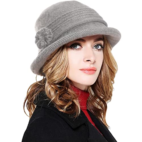 CheChury Damen Wollmütze Winter Mütze Warme Strickmütze Frauen Beaniemütze Retro Fedorahüte Frauen Glockehut Kaschmir Mütze Damen Bowler Hut Winter Strickmütze mit Schirm Damen Melone Hut,Grau von CheChury