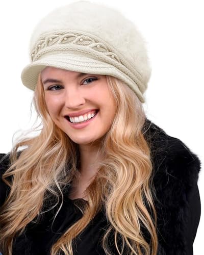 CheChury Damen Wollmütze Winter Mütze Warme Strickmütze Frauen Beaniemütze Retro Schirmmütze Grobstrick Frauen Kaschmir Mütze Damen Bowler Hut Winter Strickmütze mit Schirm Damen Barett Fleece,Beige von CheChury