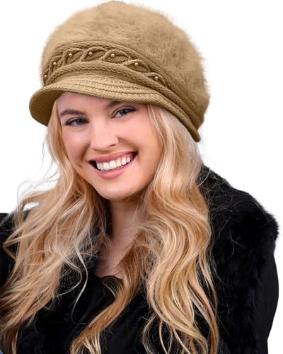 CheChury Damen Wollmütze Winter Mütze Warme Strickmütze Frauen Beaniemütze Retro Schirmmütze Grobstrick Frauen Kaschmir Mütze Damen Bowler Hut Winter Strickmütze mit Schirm Damen Barett Fleece,Kahki von CheChury