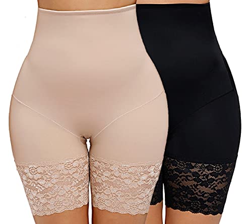 CheChury Damen figurenformend Miederpants Spitze Miederhose Shapewear Bauch-Weg-Effekt Formt sofort Body Shaper Unter Rock Kurz Hose Anti-Chafing Spitze Shorts Hoch Taillen Unterhose,Schwarz+Beige,XXL von CheChury