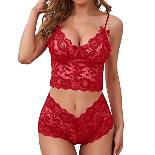 CheChury Dessous-Set Damen Sexy Reizwäsche Damen Negligee Babydoll Nachtwäsche V-Ausschnitt Nachthemd Spitze Lingerie Halfter Nachtkleid G-String Sleepwear Unterwäsche Set Frauen 2 PCS,Rot,S von CheChury