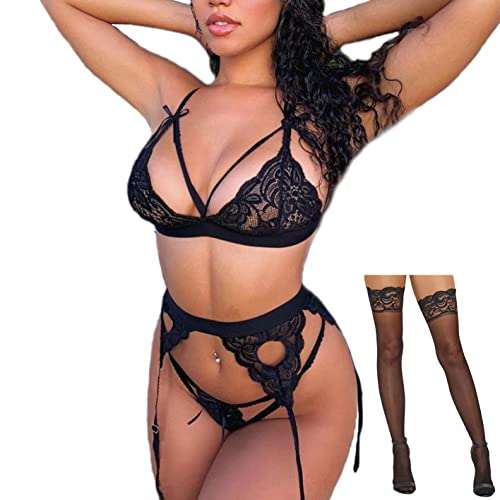 CheChury Erotische Dessous Set Damen Reizwäsche Strapse Reizwäsche 4-TLG Set Spitzen Unterwäsche Sexy Spitze BH und Slip Set Spitze Top Pyjama Unterwäsche Cosplay Negligee Nachtwäsche Nachthemd von CheChury