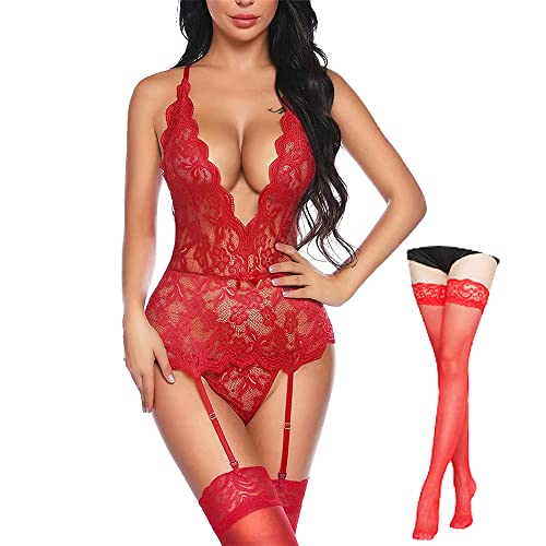 CheChury Erotische Dessous Set Damen Reizwäsche Strapse Tiefer V Ausschnitt Reizwäsche 3-TLG Set Spitzen Unterwäsche Sexy Spitze BH Slip Set Top Pyjama Negligee Nachtwäsche Set Unterwäsche,Rot,M von CheChury