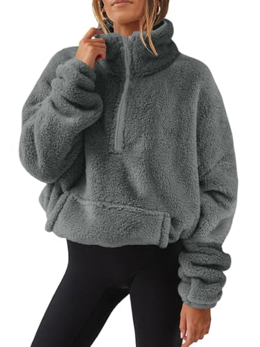 CheChury Fleece Pullover Damen Mit Viertelreißverschluss Teddyfleece Sweatshirts Damen Warme Pullover 1/4 Zip Teddyjacke Flauschig Fleece Winter Sweatshirt Gepolstert mit Stehkragen,Dunkelgrau,M von CheChury