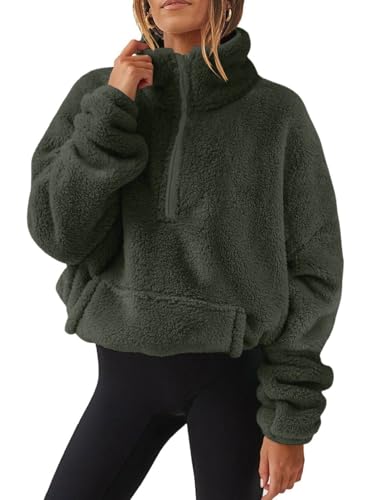 CheChury Fleece Pullover Damen Mit Viertelreißverschluss Teddyfleece Sweatshirts Damen Warme Pullover 1/4 Zip Teddyjacke Flauschig Fleece Winter Sweatshirt Gepolstert mit Stehkragen,Grün,S von CheChury